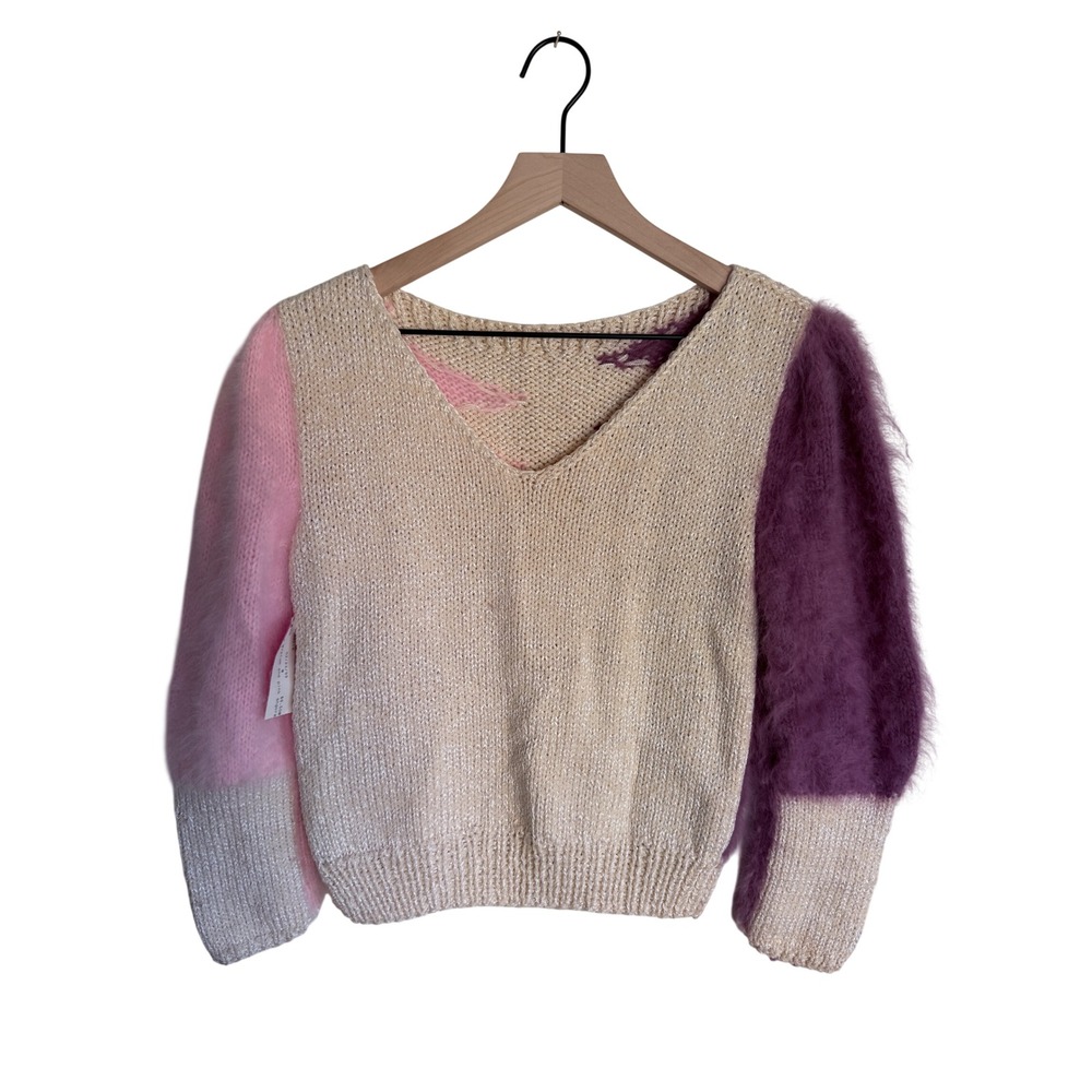 Vintage Angora Blend Colorblock Sweater Pink Plum‎ Cream V-Neck Sawtooth Pattern